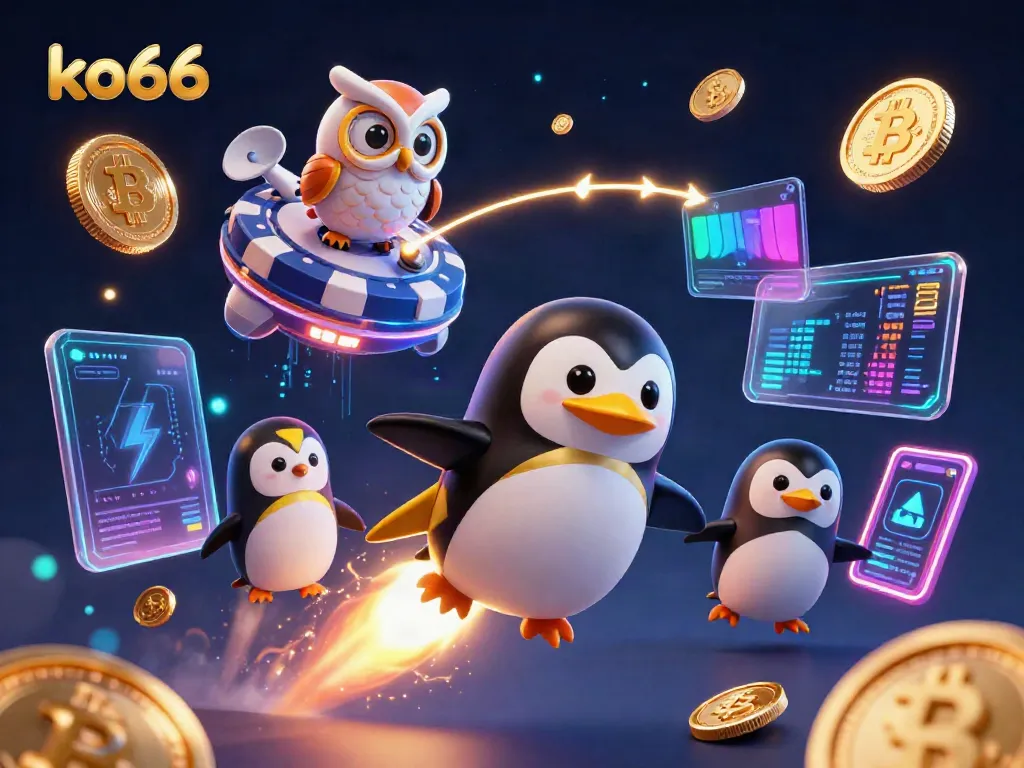 Experience the excitement of ko66 with a golden penguin rocket and a vibrant casino space setting.