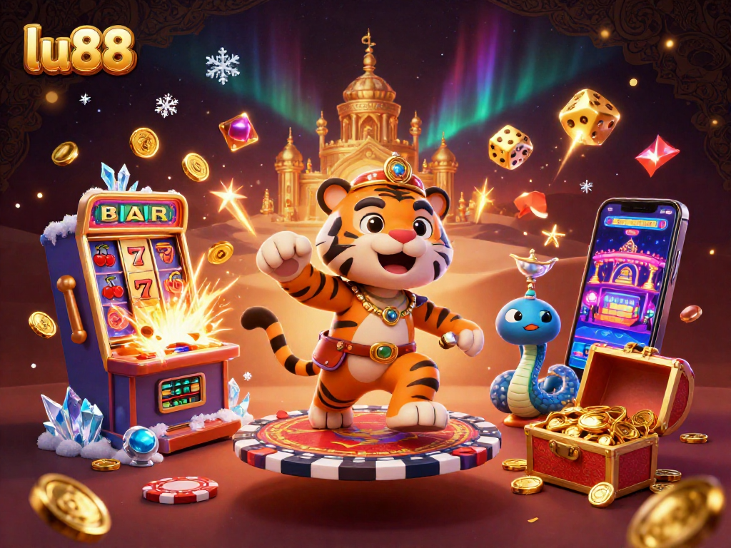 Experience the excitement of lu88 with a vibrant 3D illustration of a tiger sultan and dynamic casino elements.