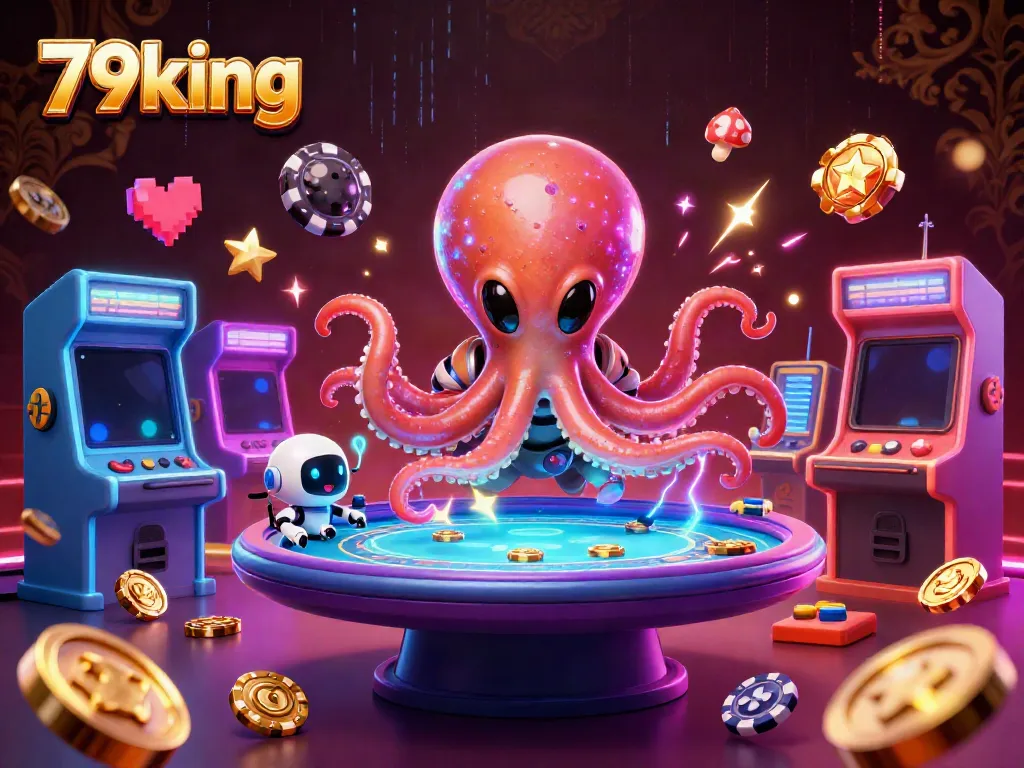 Engage with thrilling games on 79king as a cartoon octopus plays poker in an enchanting cosmic casino.
