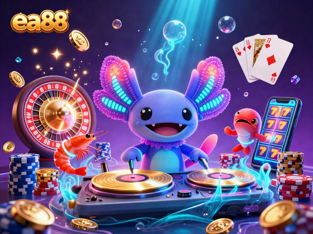 ea88's vibrant 3D casino scene showcases a neon axolotl DJ amidst dazzling gaming elements.