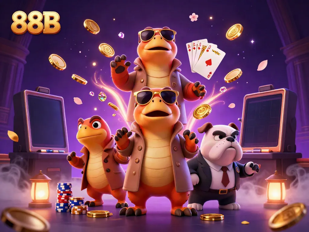 Engaging 3D scene of raptors in a trench coat at a VIP casino, showcasing poker chips and a royal flush for 88B.