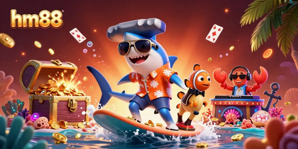 Surf the waves of gold coins at hm88 with a shark and clownfish in a vibrant 3D scene.