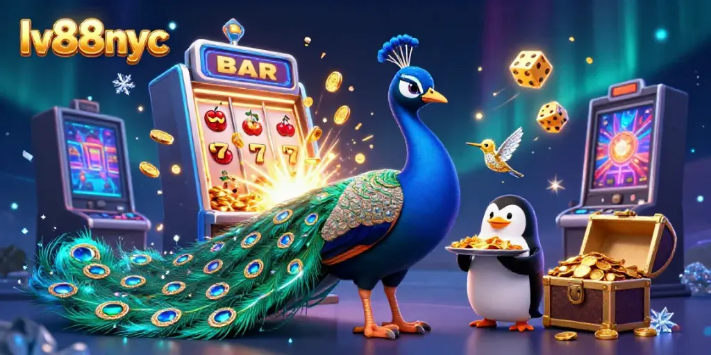 Experience the excitement of gambling at lv88nyc with a vibrant slot machine scene and playful characters.