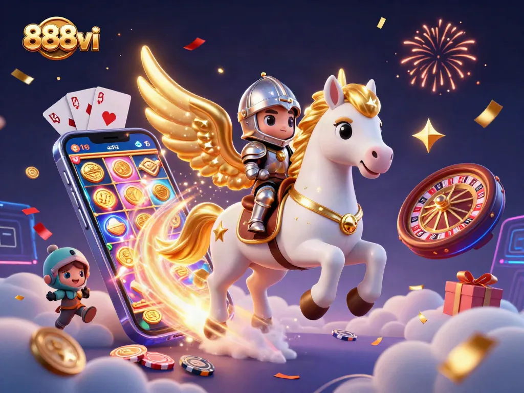 Experience the excitement of 888vi with a dynamic casino scene featuring a lucky celestial horse and games.