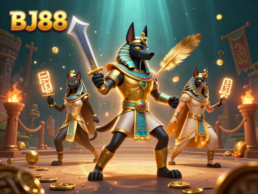 Experience the gaming excitement at BJ88 with Anubis and Bastet amidst golden coins and dynamic symbols.