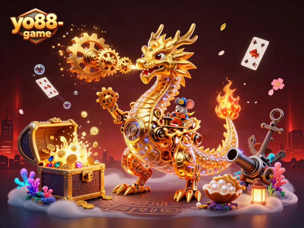 Engage with the thrilling world of yo88-game featuring an intricate golden dragon and dynamic casino elements.