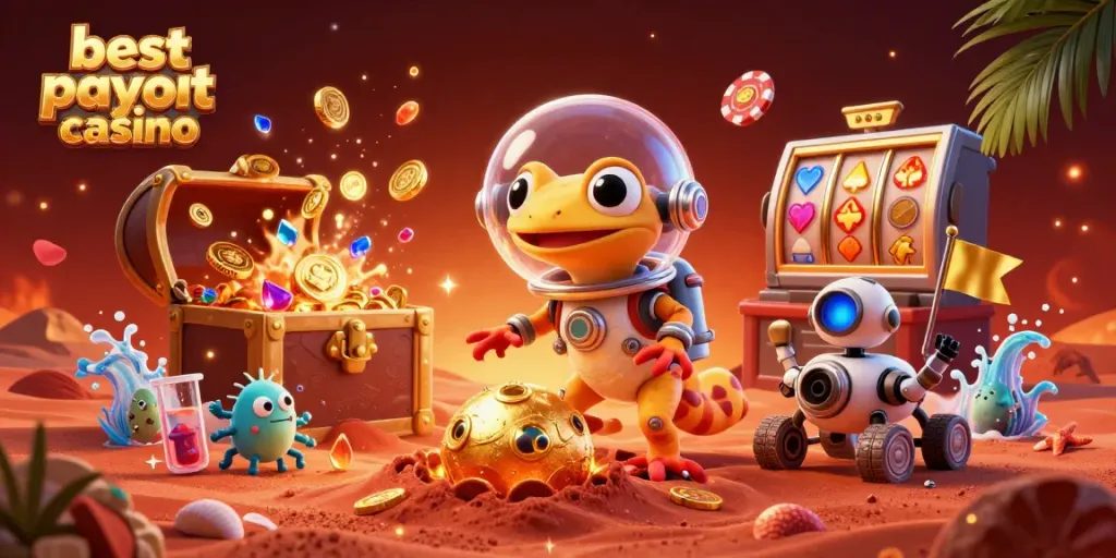 Experience the excitement of the best payout casino in this vibrant 3D illustration featuring a Martian gecko discovering gold and thrilling games.