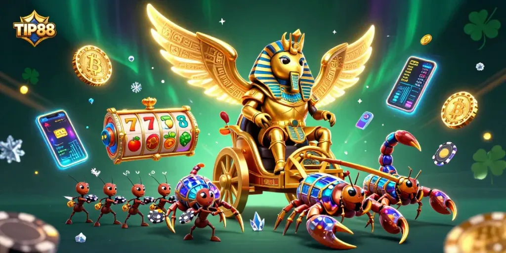 Bet on TIP88 with exciting slot reels featuring a golden scarab beetle, scorpions, and poker chip ants.