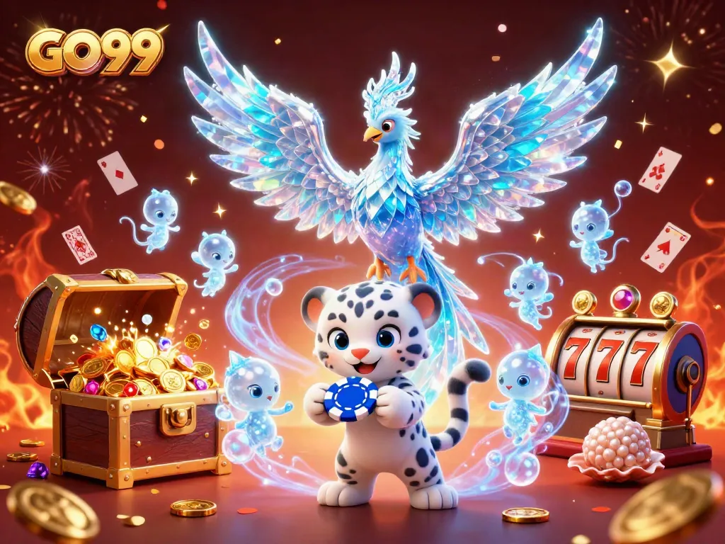 Experience the thrilling world of GO99 with an enchanting 3D casino scene filled with games and magical characters.