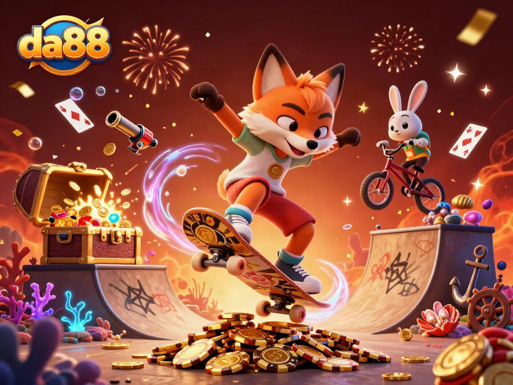 Experience exciting da88 gambling action with a dynamic skateboarder fox and BMX rabbit amidst casino treasures.
