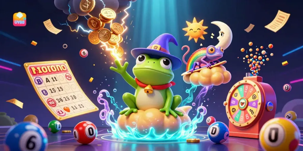Experience UY88 with vibrant 3D cartoon characters amidst dynamic gaming elements in a surreal casino scene.