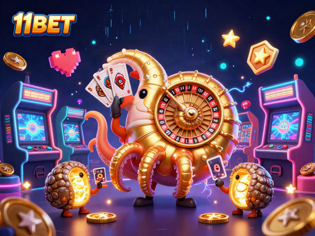 Engaging 3D scene featuring 11BET logo with a nautilus roulette wheel and arcade gaming elements.