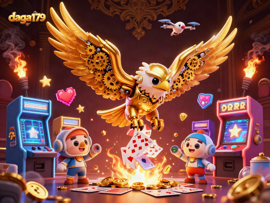 Experience exciting gaming action with daga179 as a golden eagle dives through vivid holographic cards.