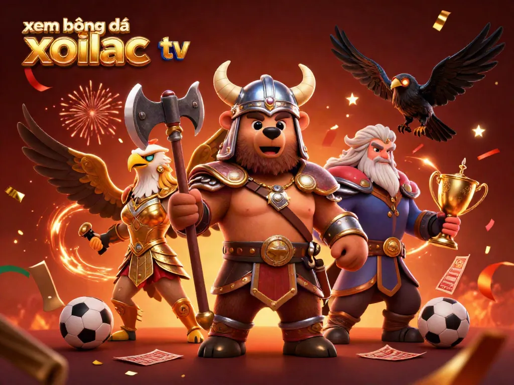 Xem bóng đá xoilac tv featuring Viking characters celebrating sports betting with dynamic elements.