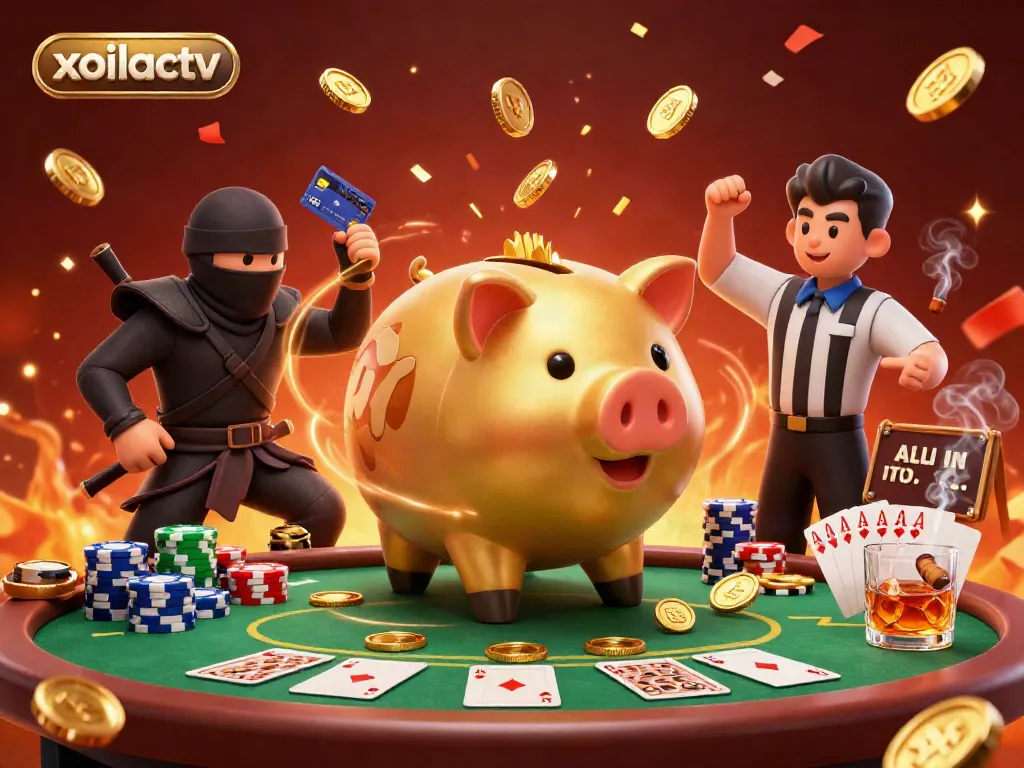 Experience the excitement of xoilactv with engaging elements of a dynamic gambling scene, showcasing vibrant characters.