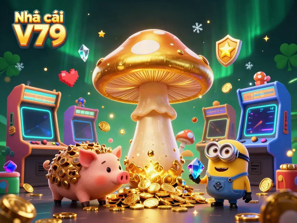 Play and win with Nhà cái V79, showcasing a vibrant 3D casino illustration filled with characters and gaming elements