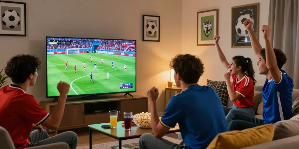 Soccer fans enjoying a live match at home, celebrating with excitement, featuring cakhiatv broadcast on the screen.