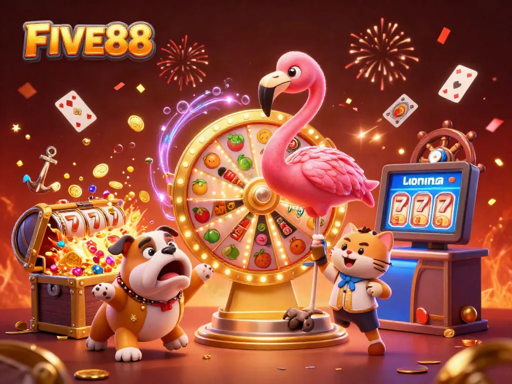 Spin the giant prize wheel at FIVE88, surrounded by vibrant slot elements and festive decorations.