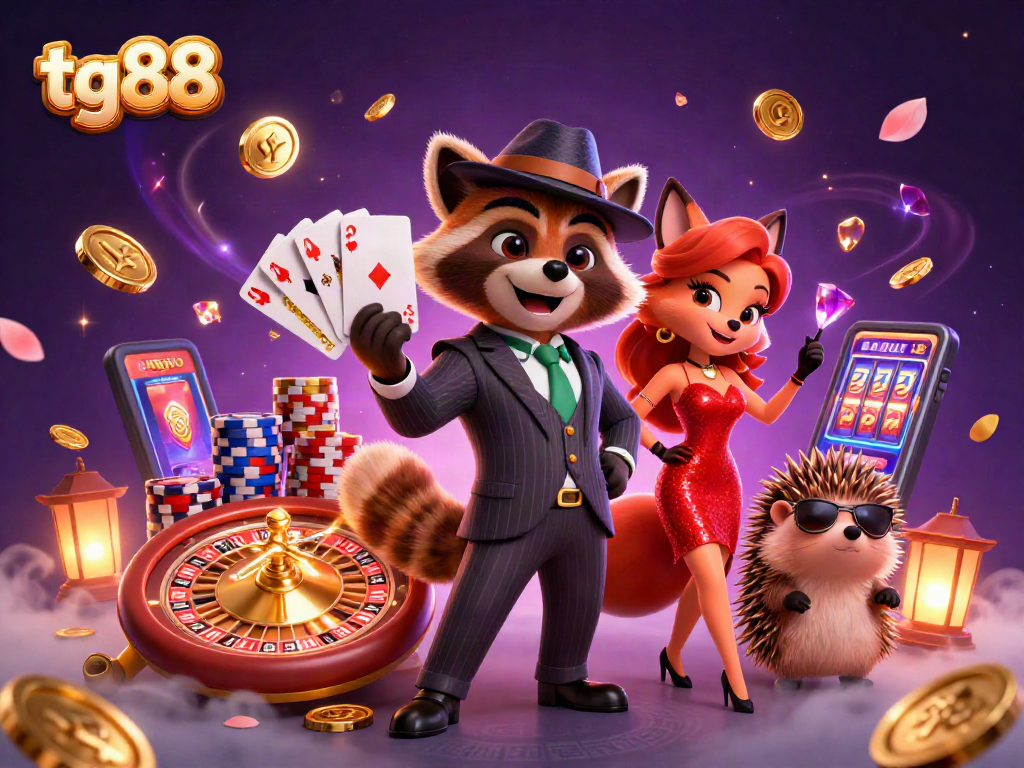 Experience gambling thrills with the tg88 raccoon and friends showcasing a royal flush and riches.