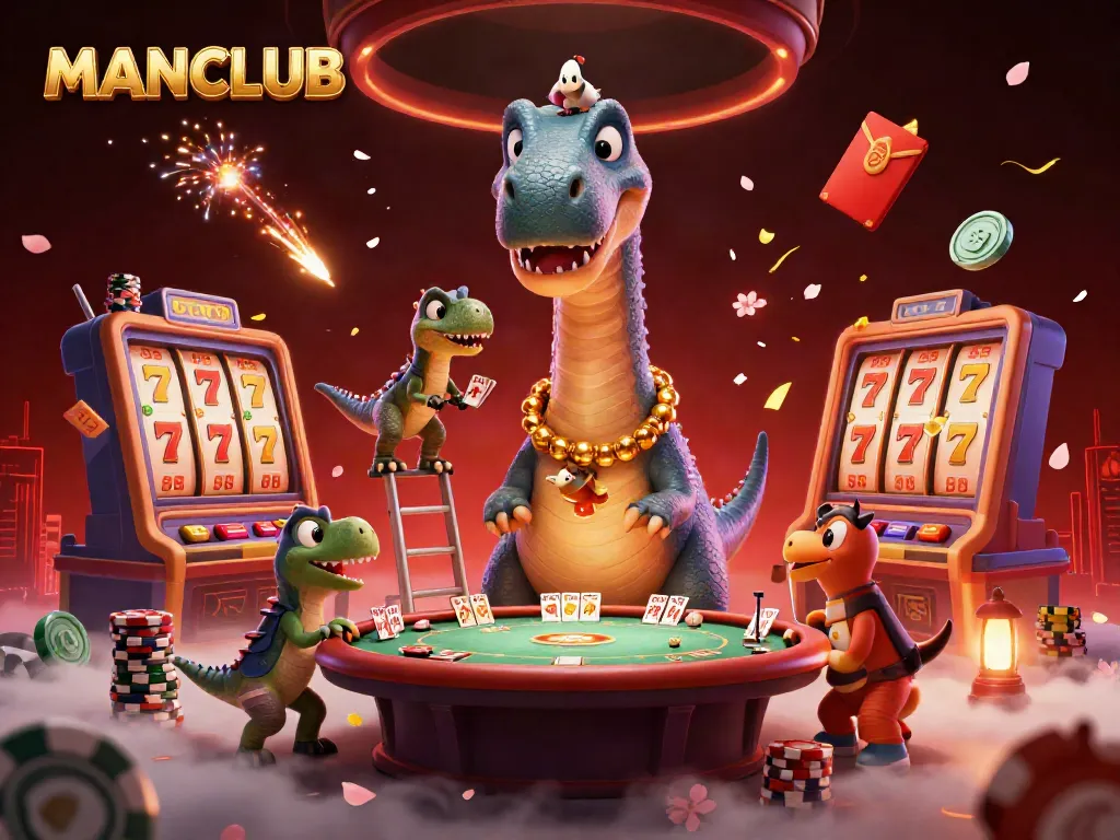Engage with MANCLUB's vibrant casino scene featuring a towering brontosaurus and dynamic poker action.