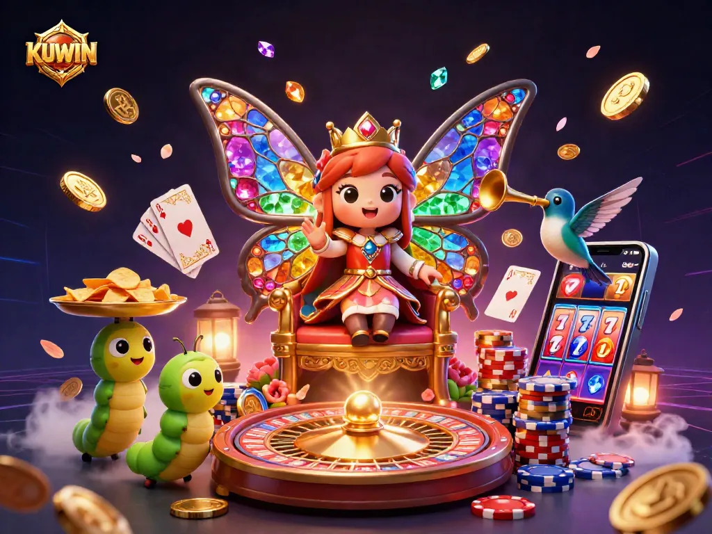 KUWIN delivers thrilling gaming experiences with a vibrant casino scene featuring a colorful butterfly queen and dynamic elements.