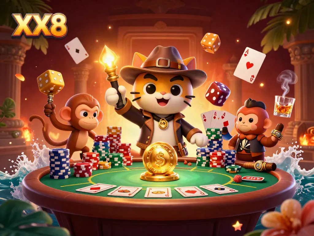 Engage in thrilling gameplay with XX8 as a cartoon explorer cat unravels casino secrets.