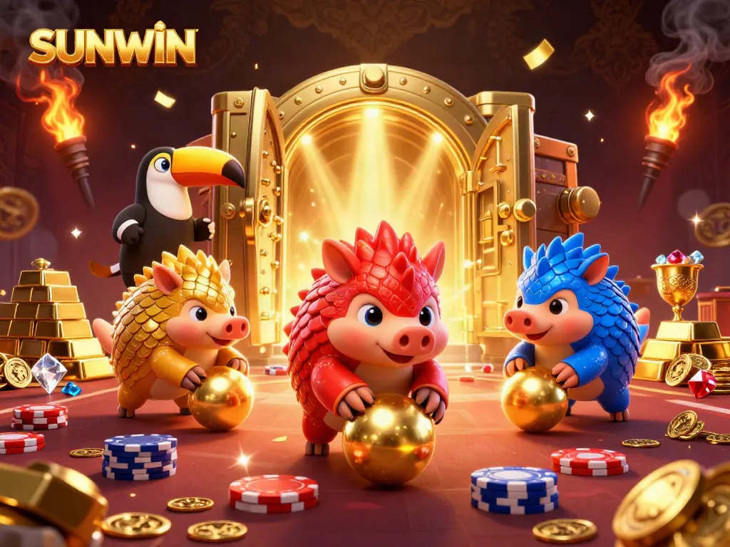 SUNWIN game scene featuring rival pangolins competing, surrounded by poker chips and treasure in a colorful casino atmosphere