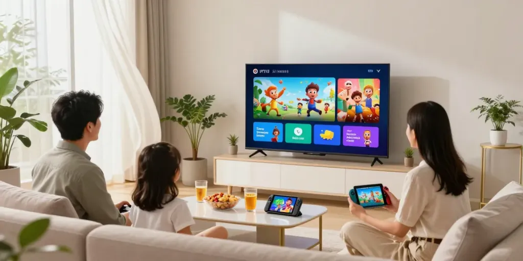 Family enjoying an IPTV subscription in a cozy living room, with vibrant movie on screen.