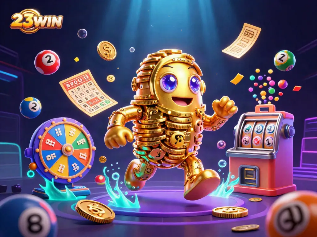 Play thrilling games with 23WIN, showcasing a golden golem surrounded by vibrant lottery elements.