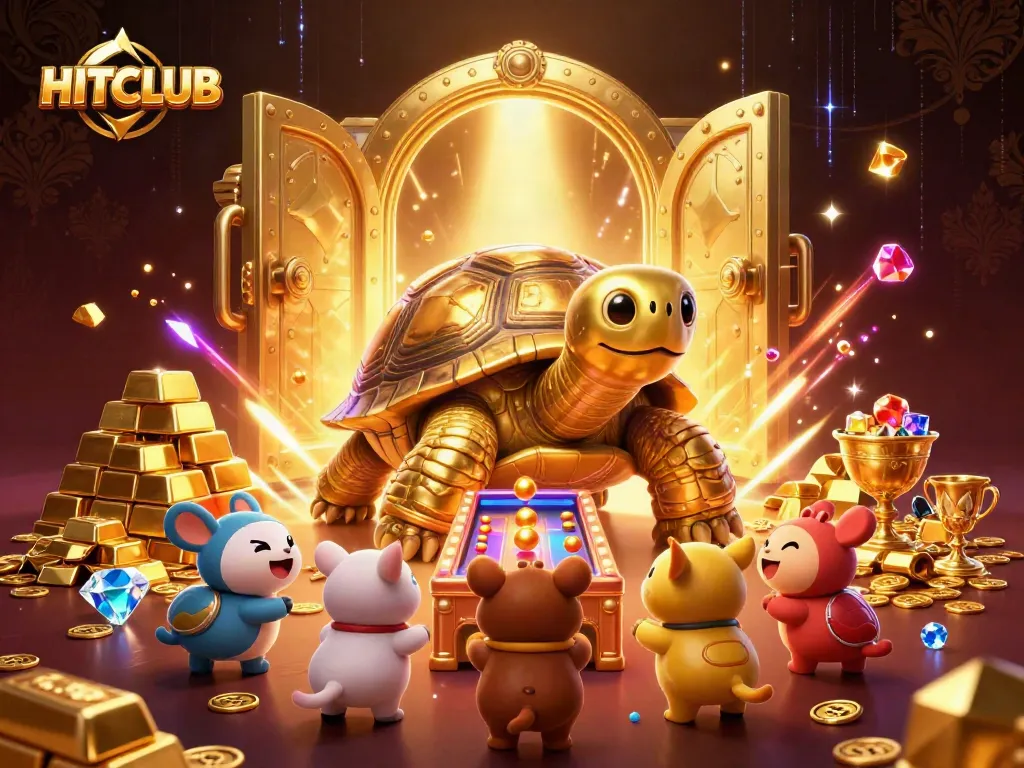 Experience the excitement of HITCLUB's vivid gambling scene with golden treasures and animated characters