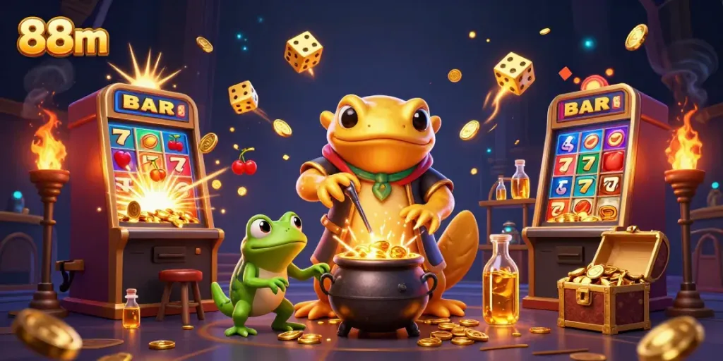 Experience thrilling wins at 88m with golden slot machines and magical creatures in a vibrant illustration.
