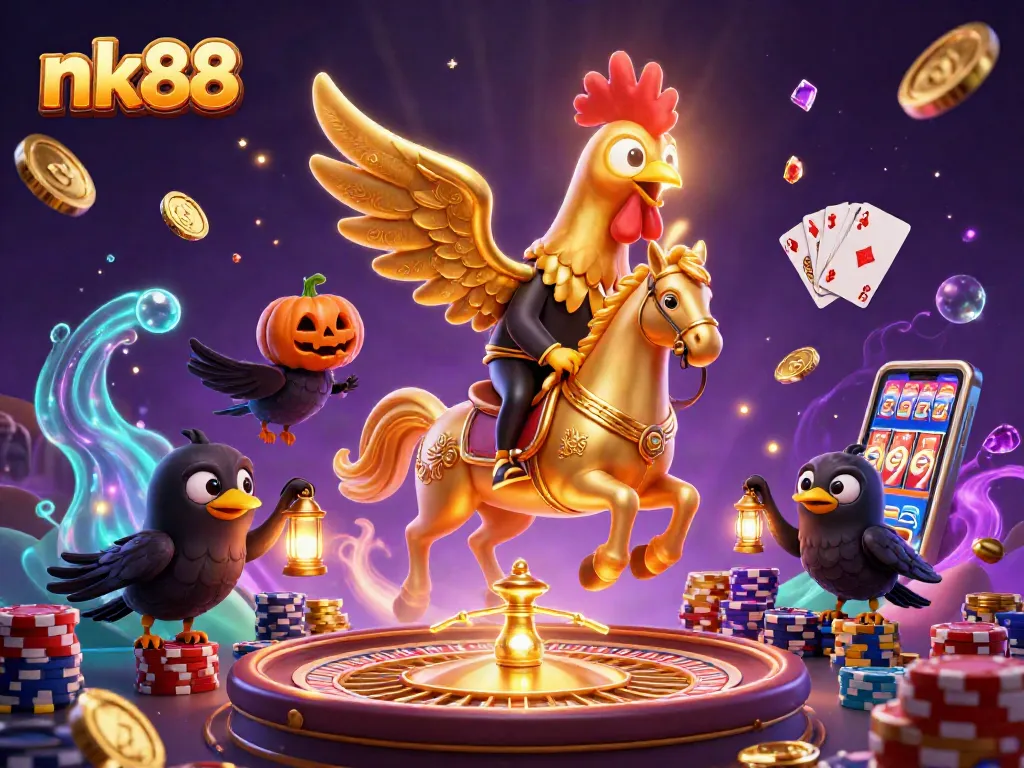 Engage in thrilling gameplay with nk88's golden rooster in a vibrant casino scene.