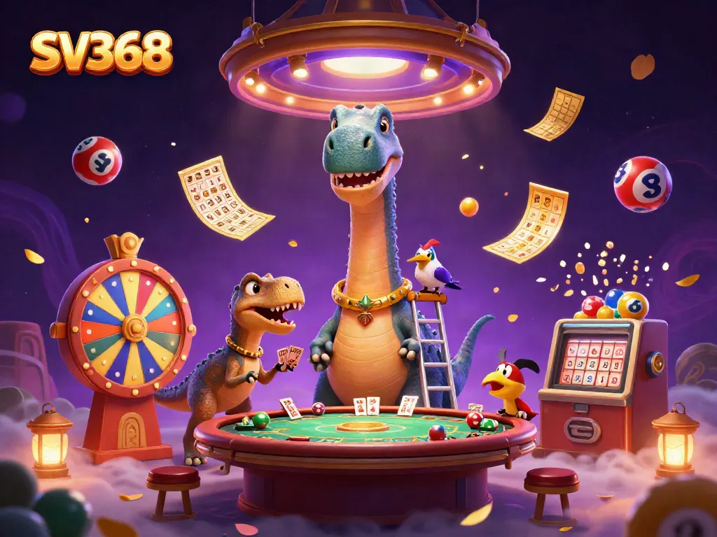 Experience thrilling action with SV368 at this vibrant casino illustration showcasing exciting games.