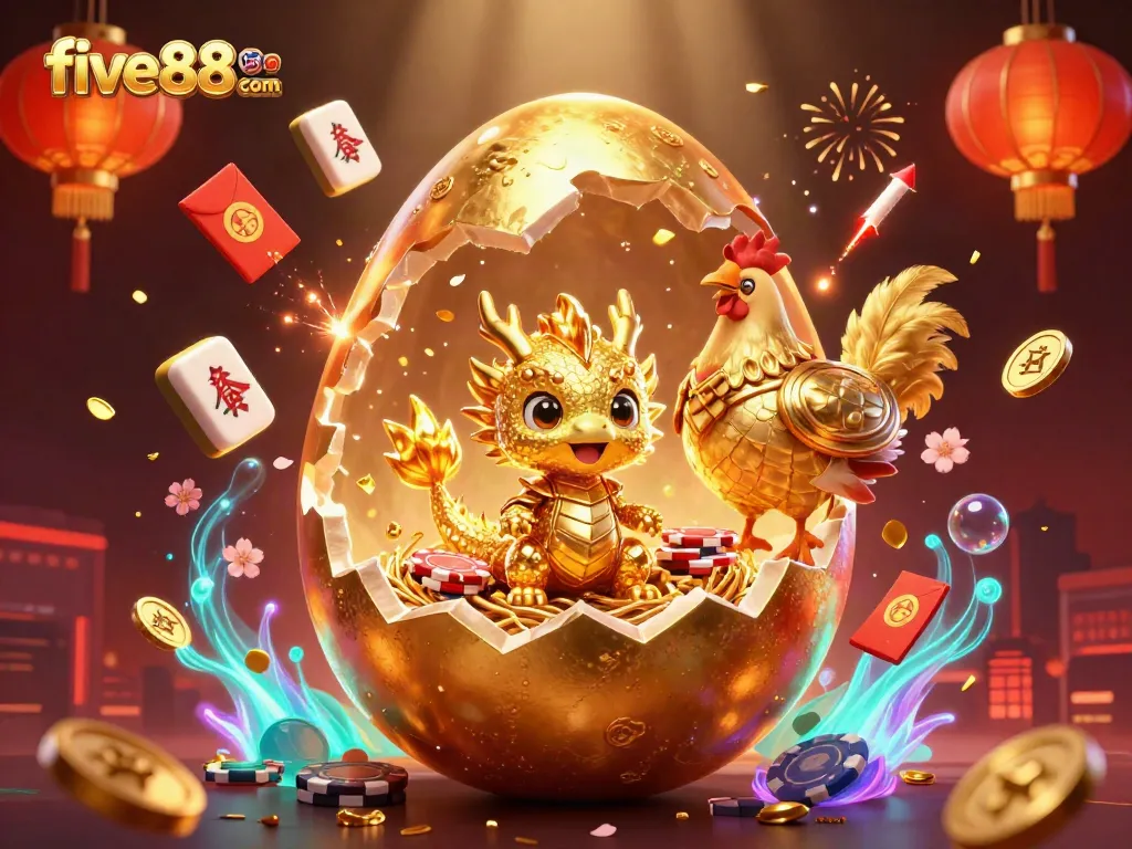 Experience thrilling casinos at five88 com with a golden dragon guarding chips amidst festive elements.