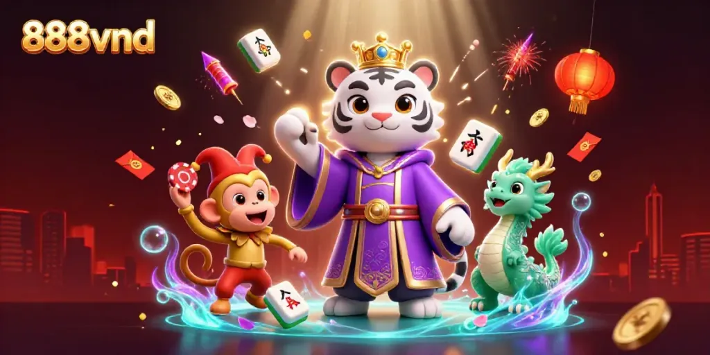 Engage with the vibrant world of 888vnd casino, showcasing a regal tiger and joyful monkey in a rich gambling scene.