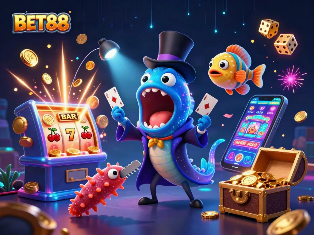 BET88 trải nghiệm trò chơi cá cược sôi động với hình ảnh 3D đầy màu sắc và chúc mừng jackpot.