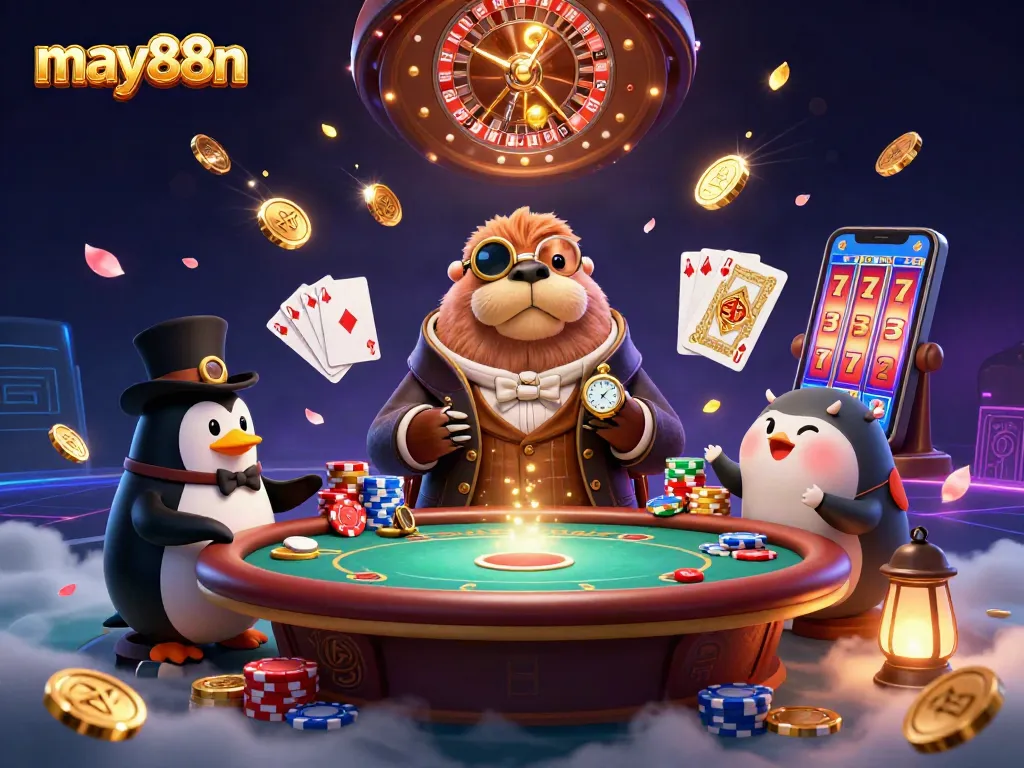 Experience the excitement of may88n with a jolly walrus playing poker in an underwater casino.