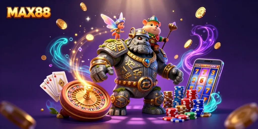 MAX88 players engaging in thrilling adventures around a stone golem and a tiny fairy, celebrating with flying coins.