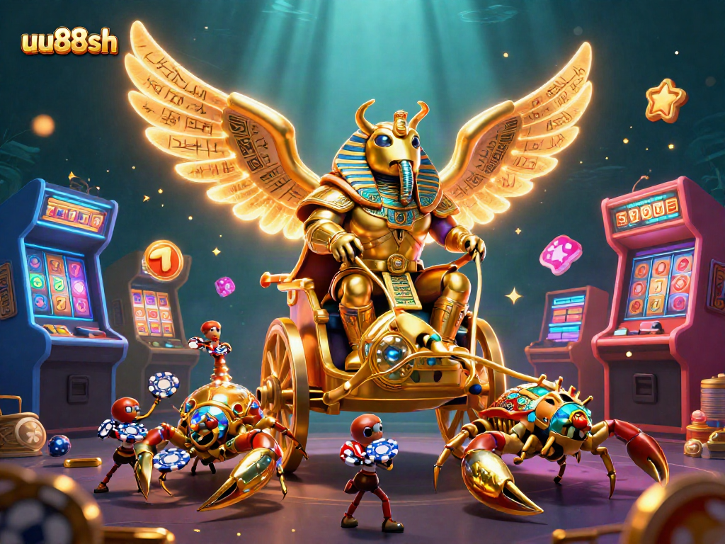 Experience the thrill of uu88sh with vibrant gambling elements and dynamic action in a rich 3D illustration.