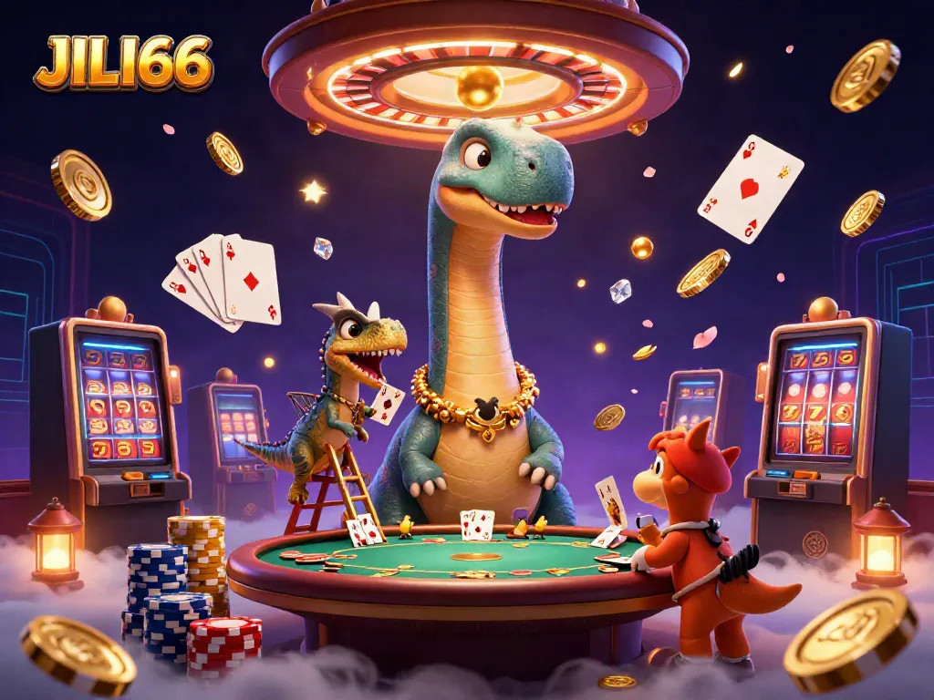 JILI66 offers thrilling gameplay with coins and gems in this vibrant casino scene.