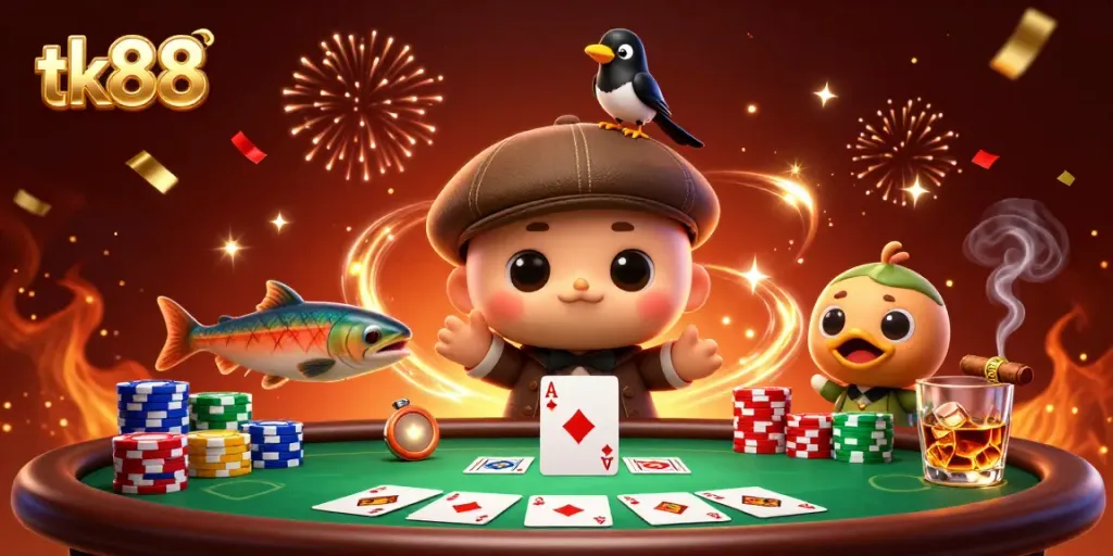 Engage with tk88's vibrant casino scene featuring Nessie and friends at a poker table.