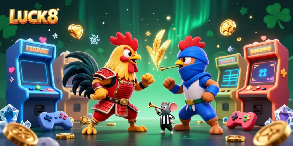 Experience thrilling action at LUCK8 with twin fighting roosters in a vibrant 3D casino scene.