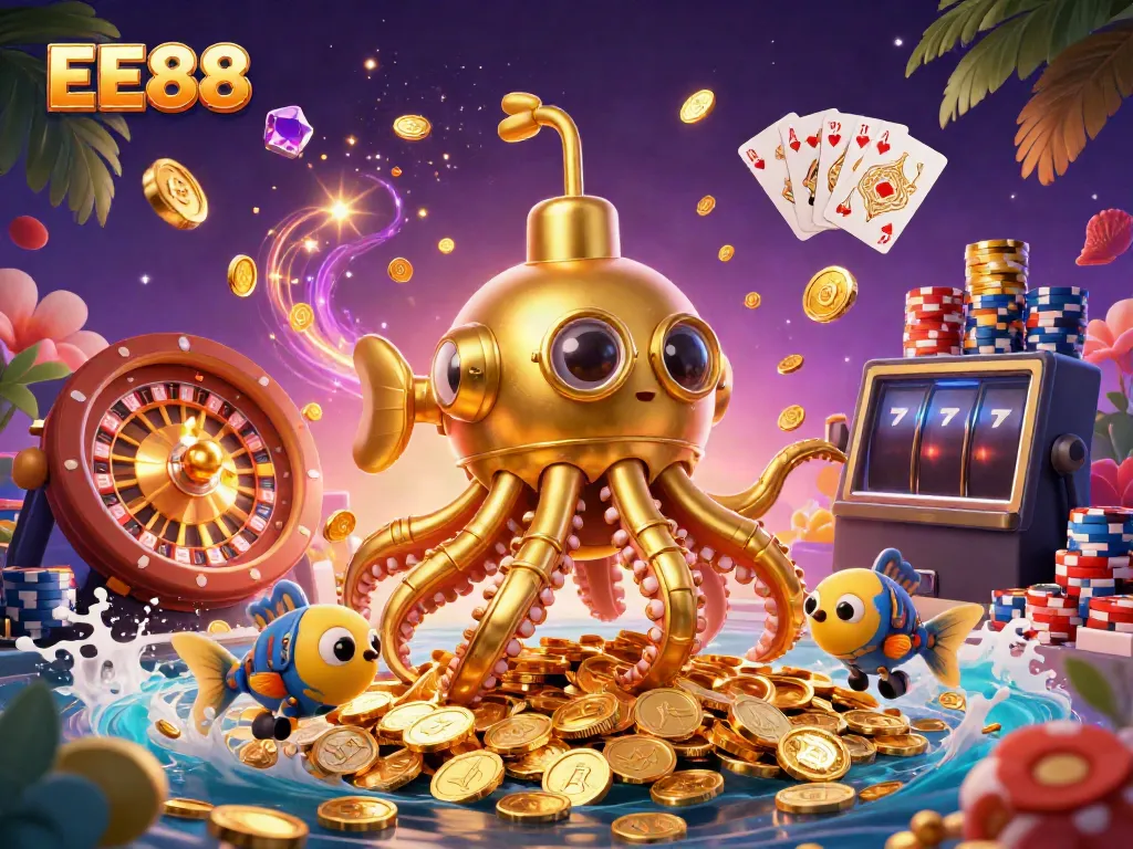 Join the adventure with EE88 at a vibrant online casino featuring golden treasures and lively game elements.