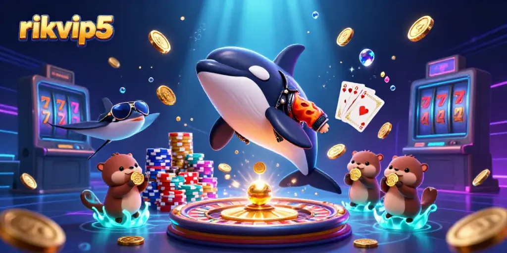 Experience thrilling gambling adventures with rikvip5 as playful sea otters hold golden coins and an orca leaps joyfully.