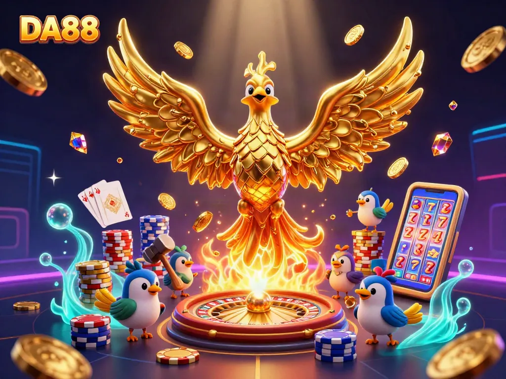 DA88 players enjoy a vibrant casino scene with golden phoenix, coins, and vibrant poker elements.