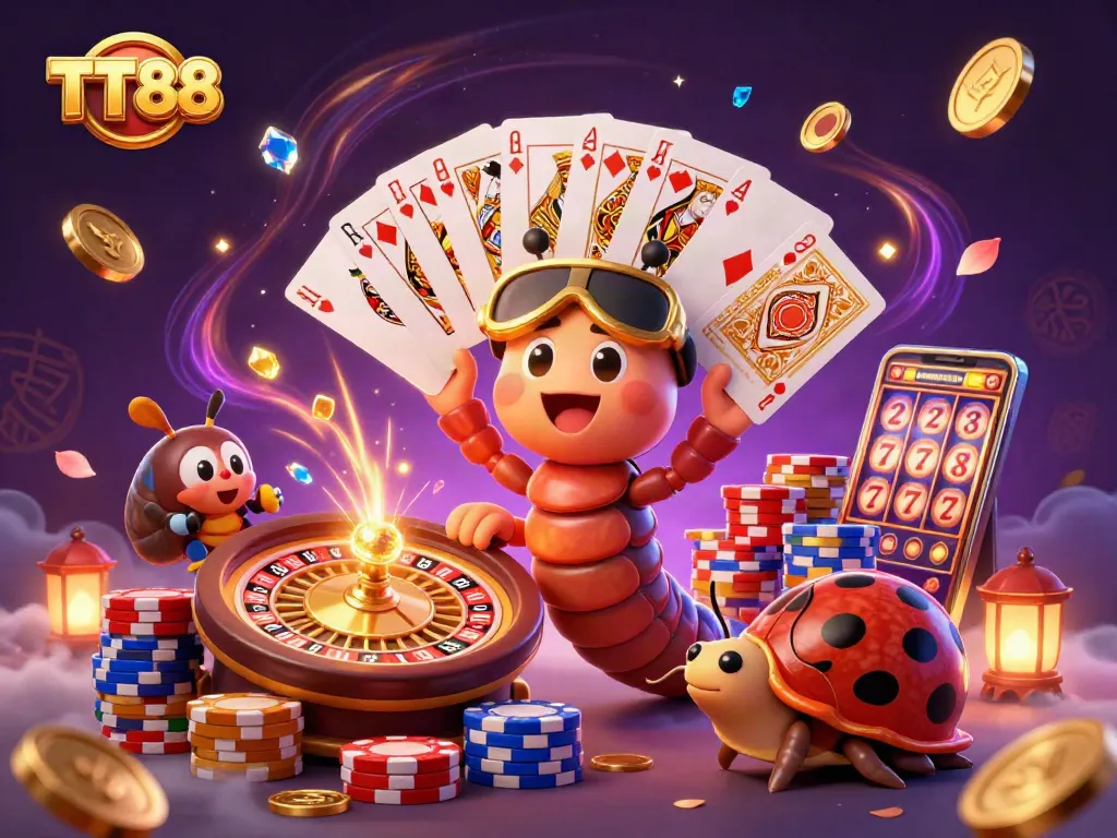 Experience high-stakes excitement in TT88 with a cartoon millipede dealer and vibrant casino elements.