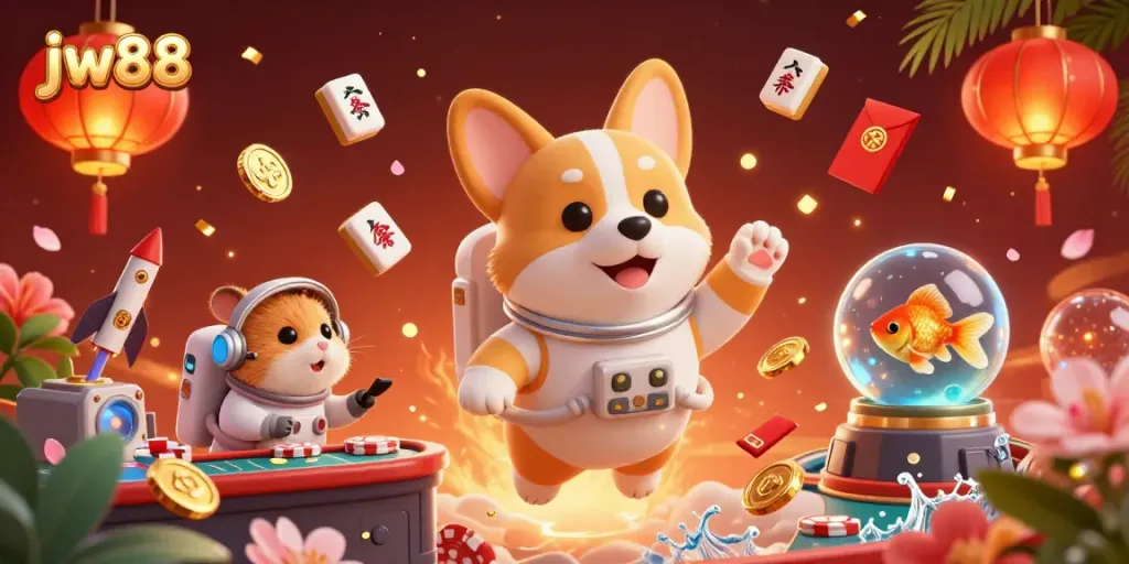 Watch the jw88 experience unfold with an astronaut corgi in a floating casino filled with golden coins and colorful gaming elements.