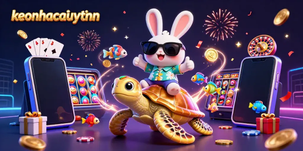 Experience thrilling action with keonhacaiuytinn as a lucky rabbit rides a golden turtle in a vibrant casino scene.
