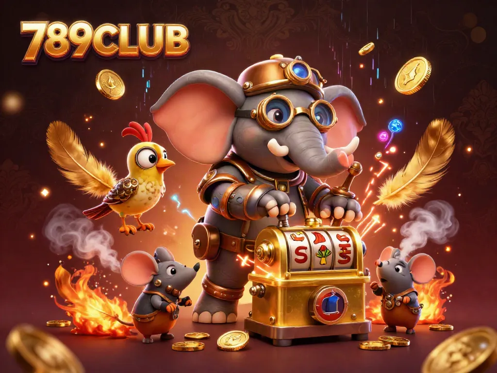 Observe 789CLUB's steampunk-themed casino scene with an engineer operating a golden slot machine.