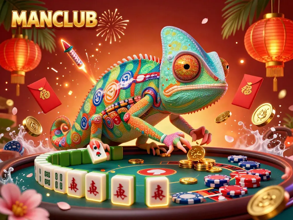 Experience excitement at MANCLUB with a grand chameleon casino owner amidst vibrant gambling elements.